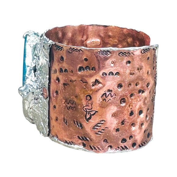 Rustic Copper & Silver Hammered Cuff Bracelet W/ Blue Agate Teardrop Gemstone - Picture 7 of 16
